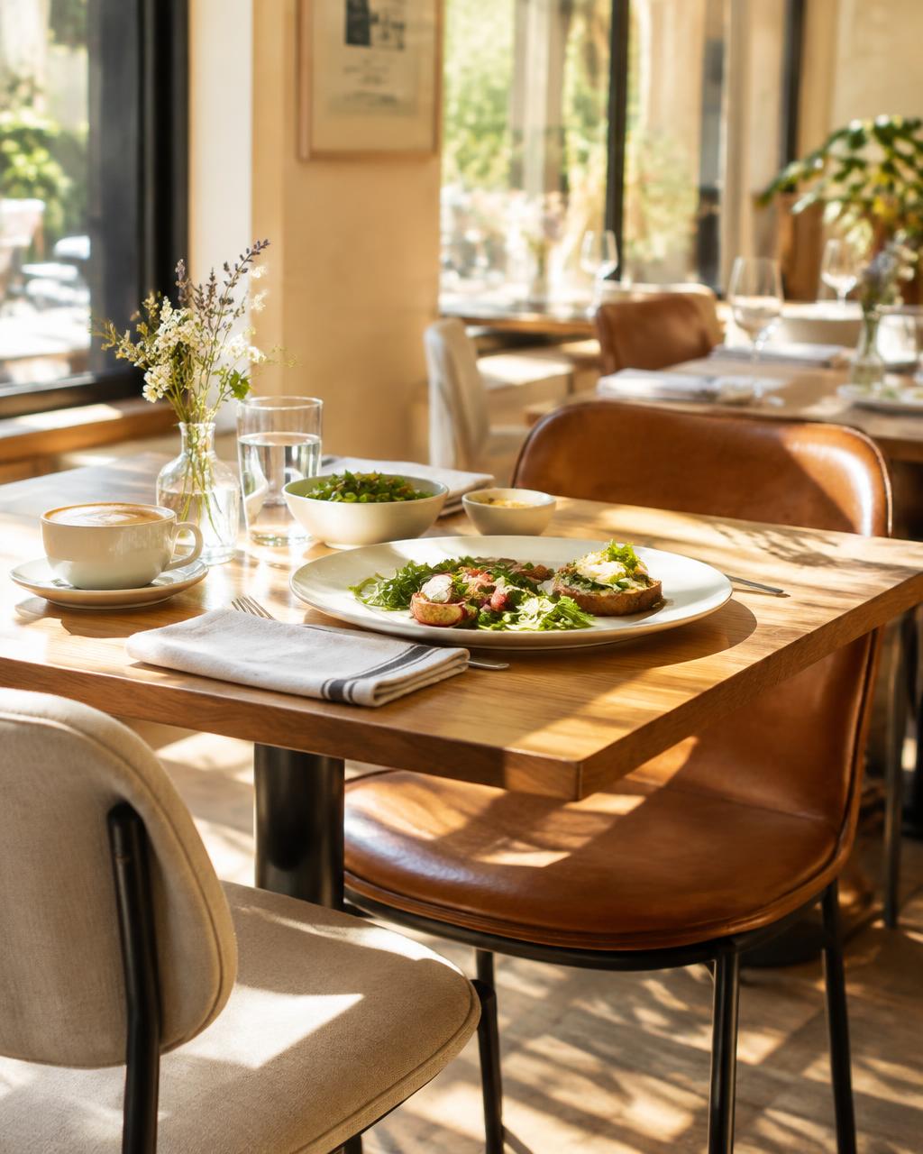 Sunlit table set for lunch
