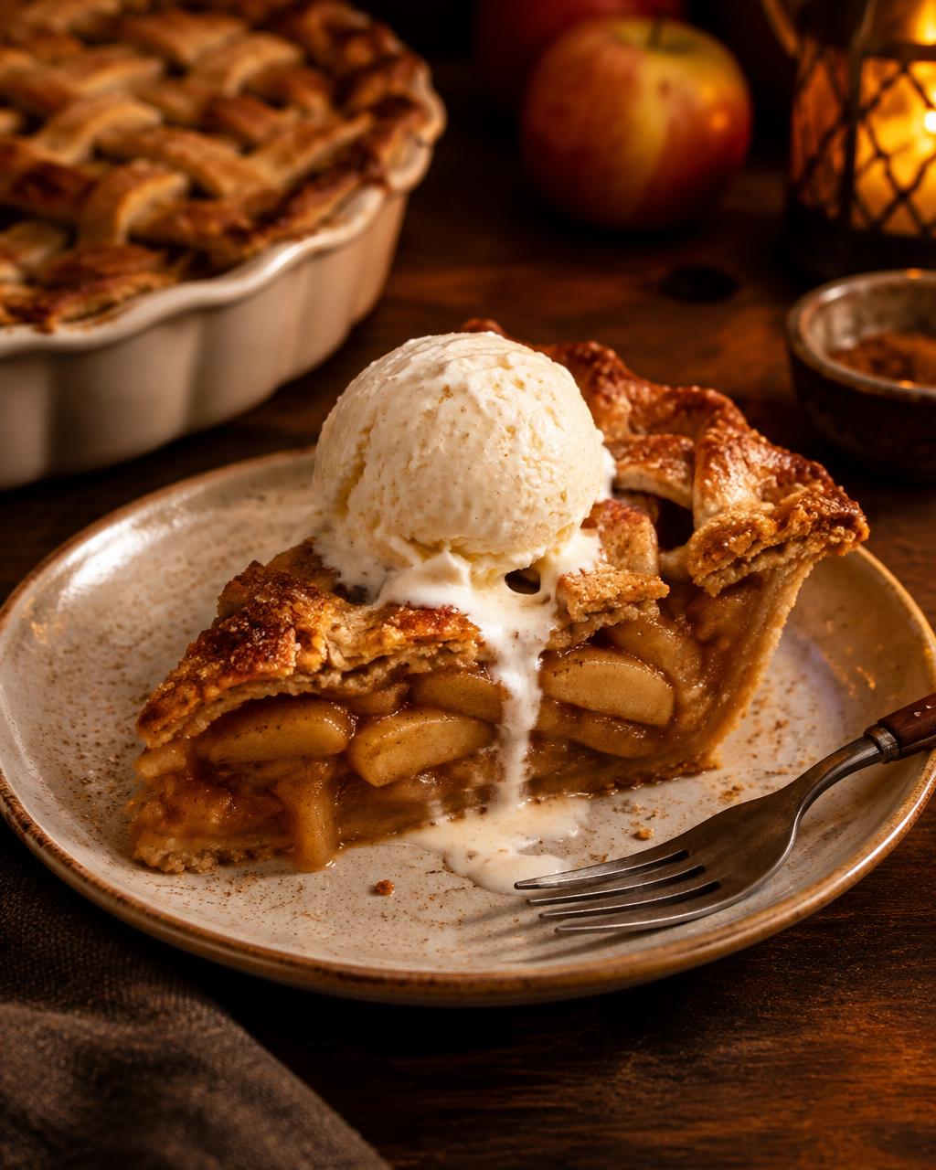 Warm apple pie with melting vanilla ice cream