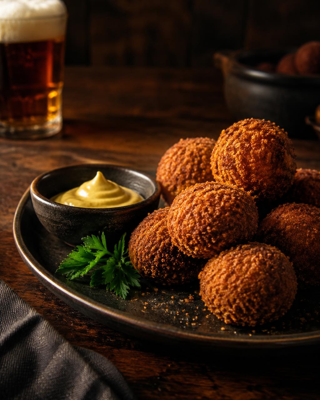 Golden bitterballen with a pot of mustard cream