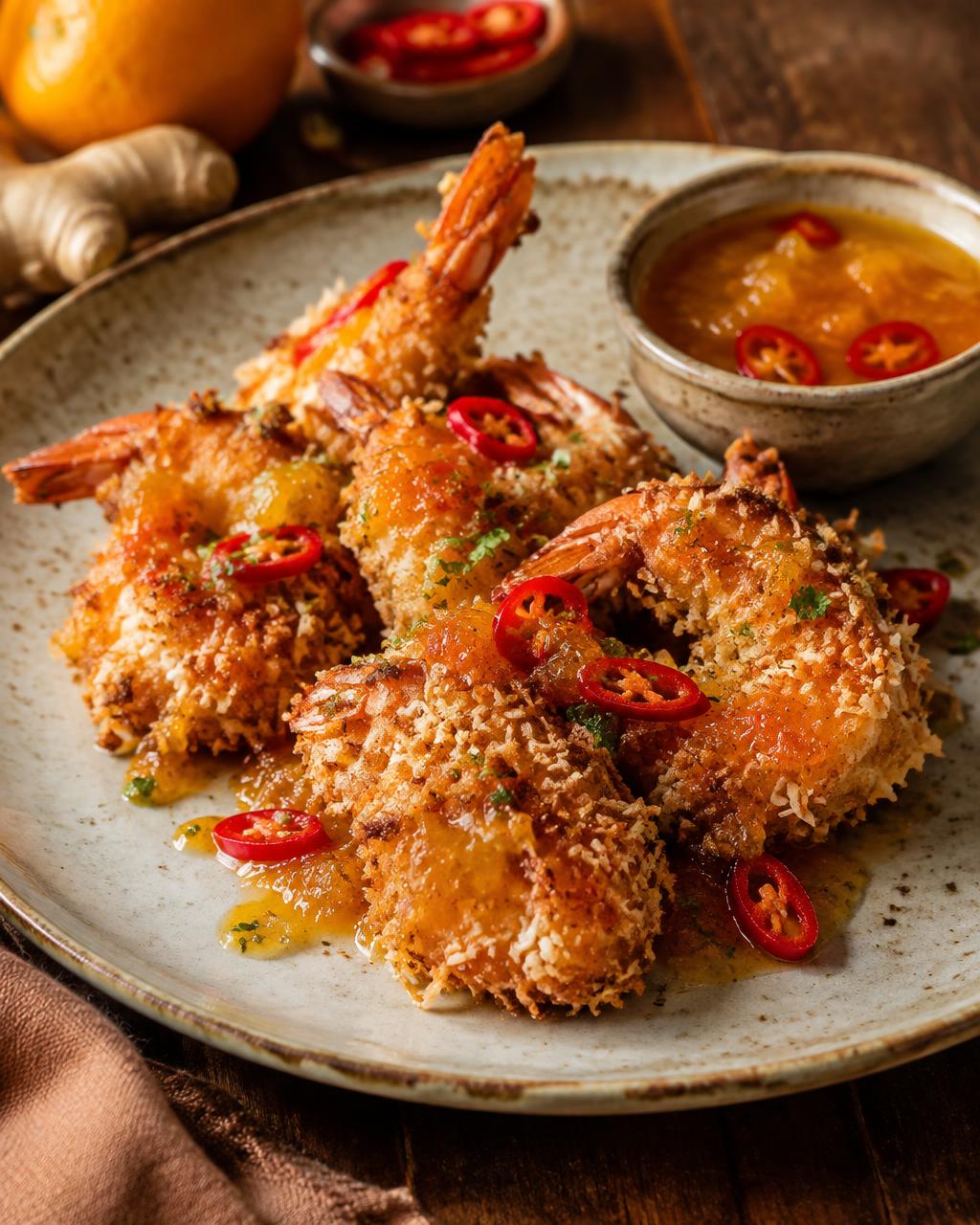 Coconut crusted prawns with marmalade and fresh chilli
