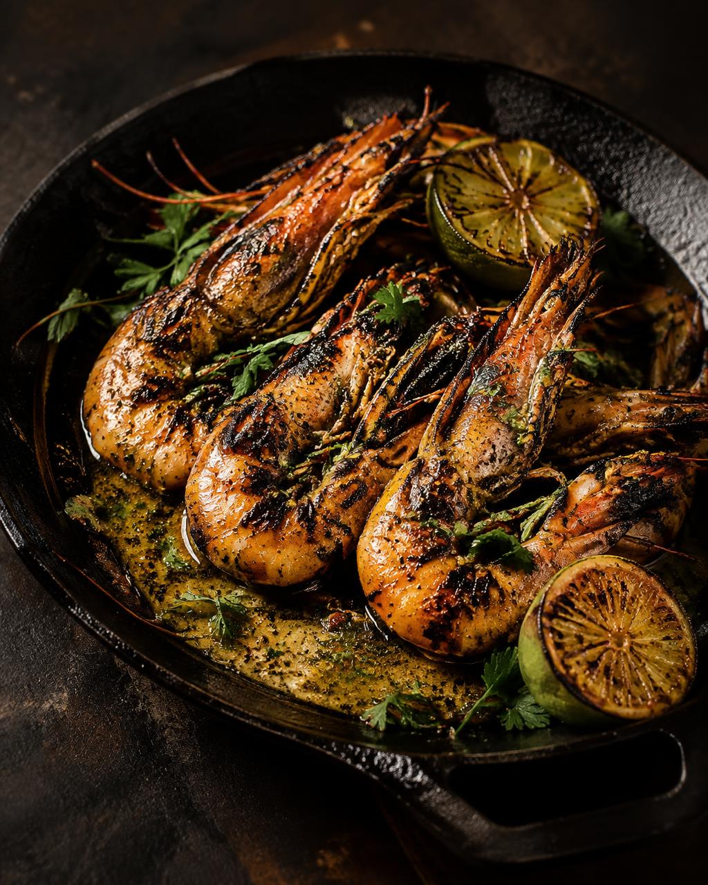 Charred king prawns with lime in a cast iron pan