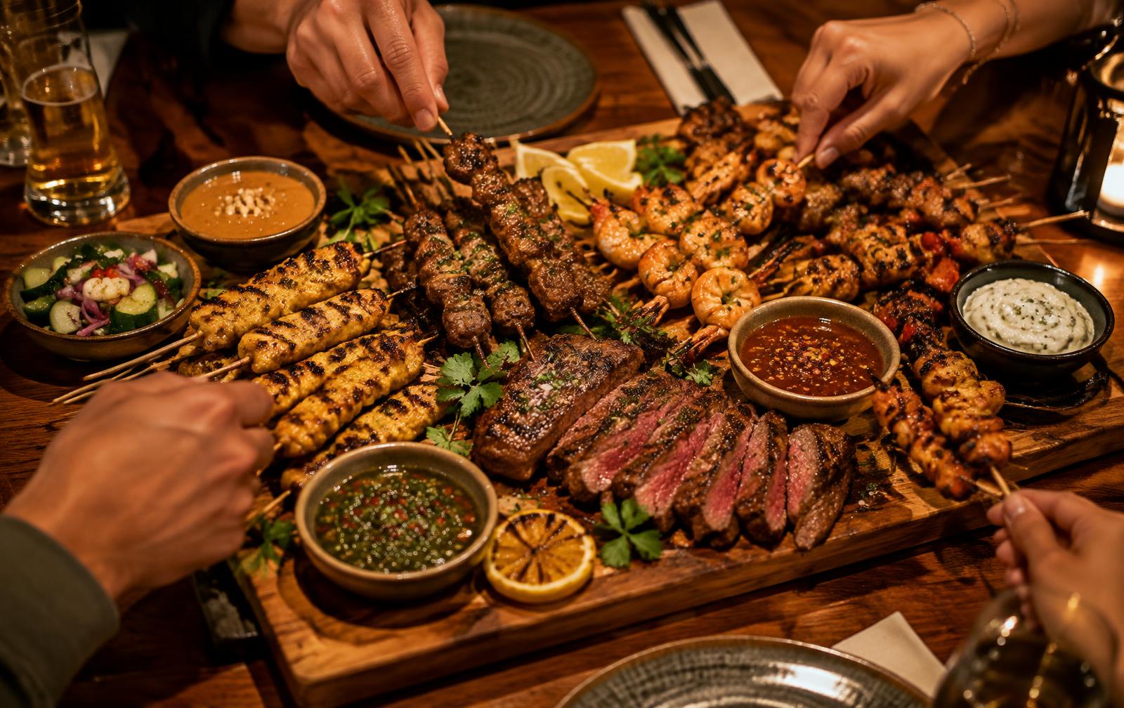 A board of mixed skewers and sauces with hands reaching in