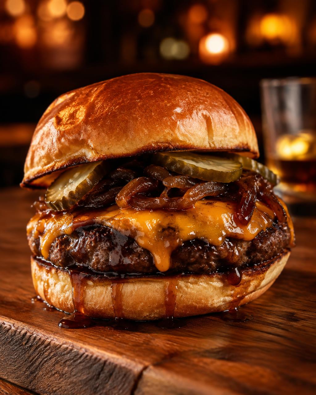 Whisky burger with melted cheddar and caramelised onion