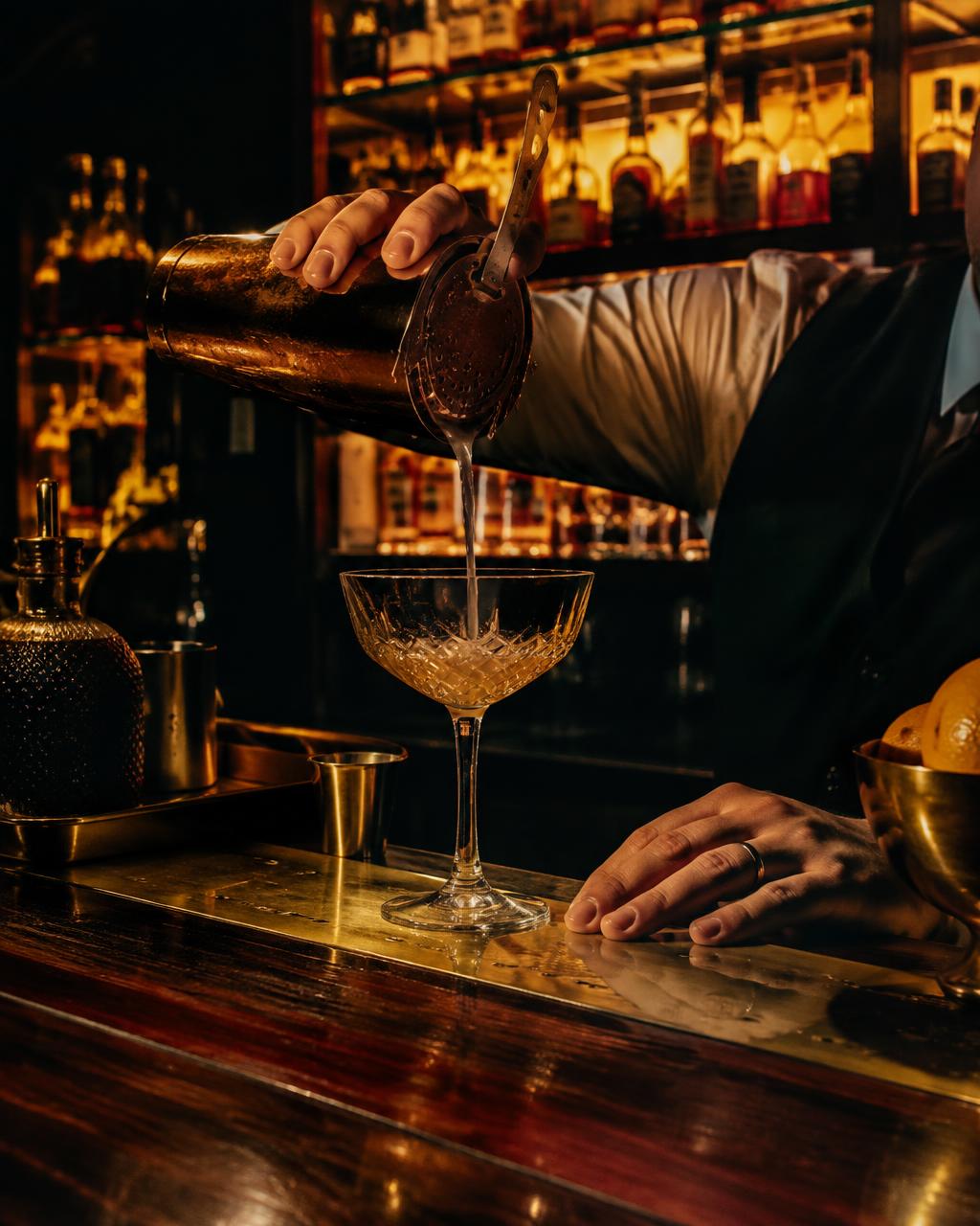 Bartender pouring a cocktail at a brass bar