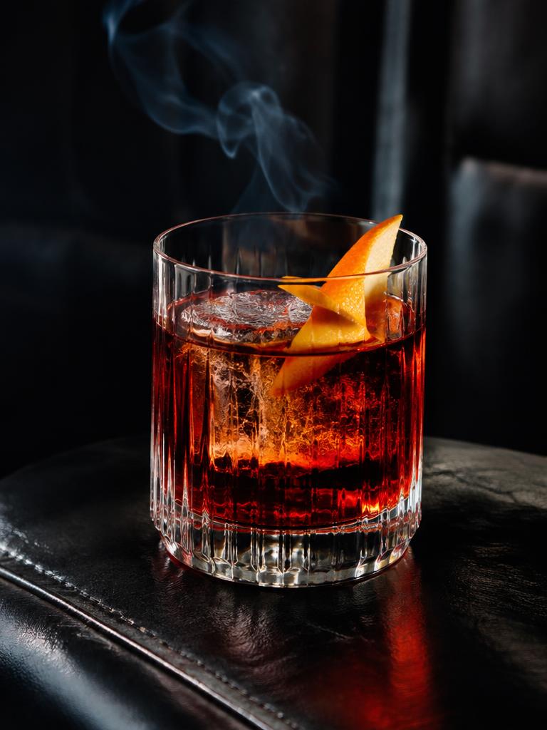Deep ruby stirred cocktail with orange peel