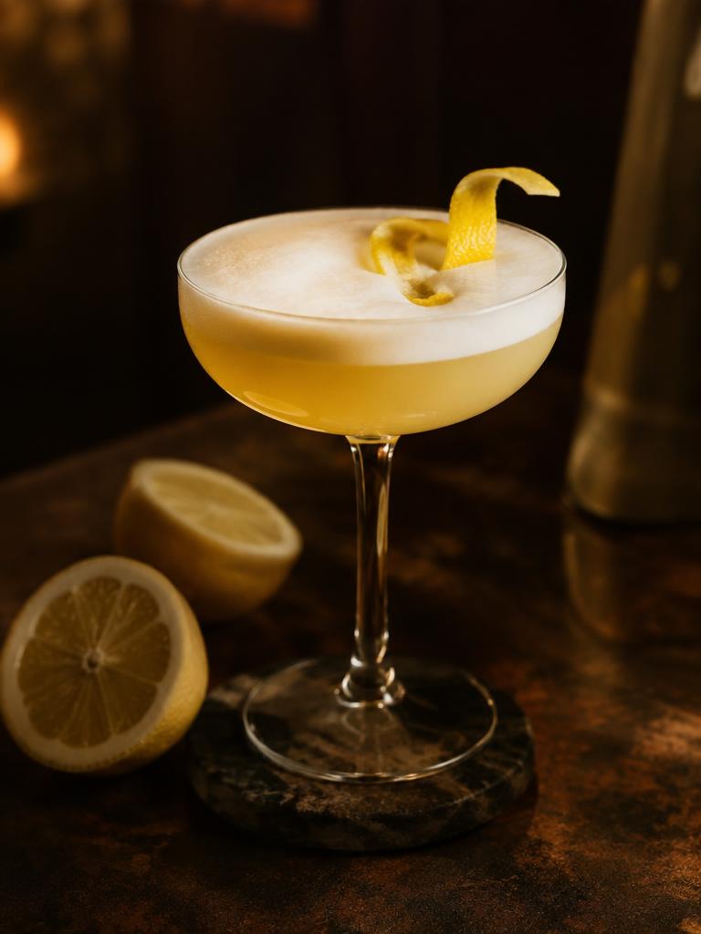 Pale sour cocktail with foam and lemon twist