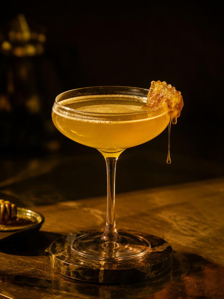 Golden cocktail in a coupe beside honey