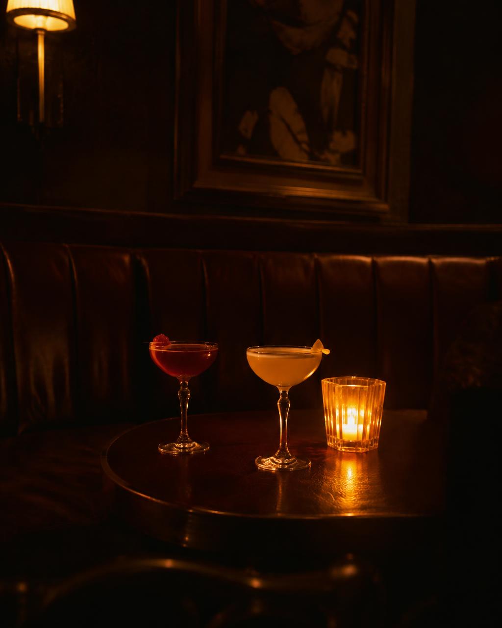 Two cocktails by candlelight on a leather banquette