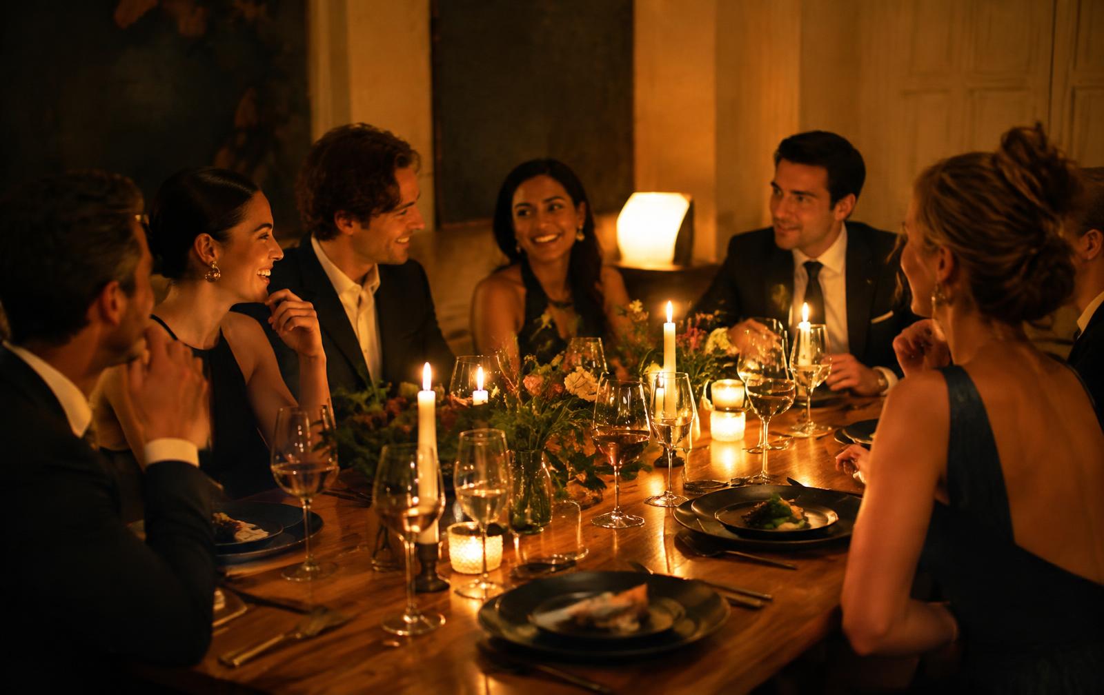 A group celebrating around a candlelit dining table